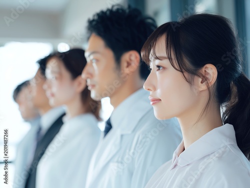 白衣を着て横一列に並び真剣な表情で前を見つめる医療従事者の男女と責任感あふれる病院の現場