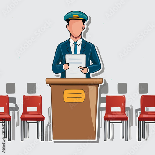 Man in uniform speaking at a podium in front of empty chairs