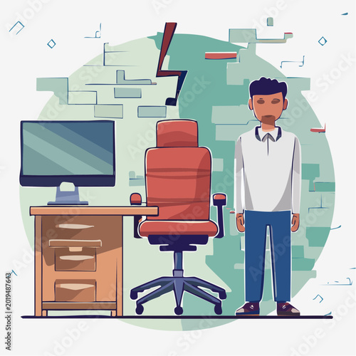 Man Standing Next to Office Desk and Chair with Lightning Bolt Symbol