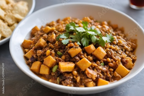 Hearty lentil stew with cubed sweet potato and fresh cilantro garnish in a rustic bowl