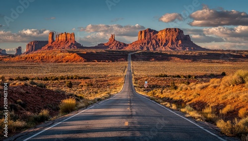 Endless desert highway leads to iconic sandstone mesas under a vast sky