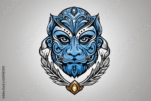 Intricate Blue Tribal Beast Mask with Feathered Wreath and Gem Accent