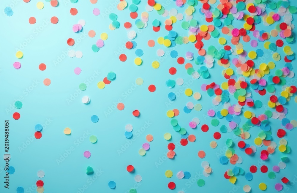 Fototapeta premium Scattered colorful confetti dots on a bright blue studio background. Festive elements for parties, celebrations, and holidays. Space for text and design elements.