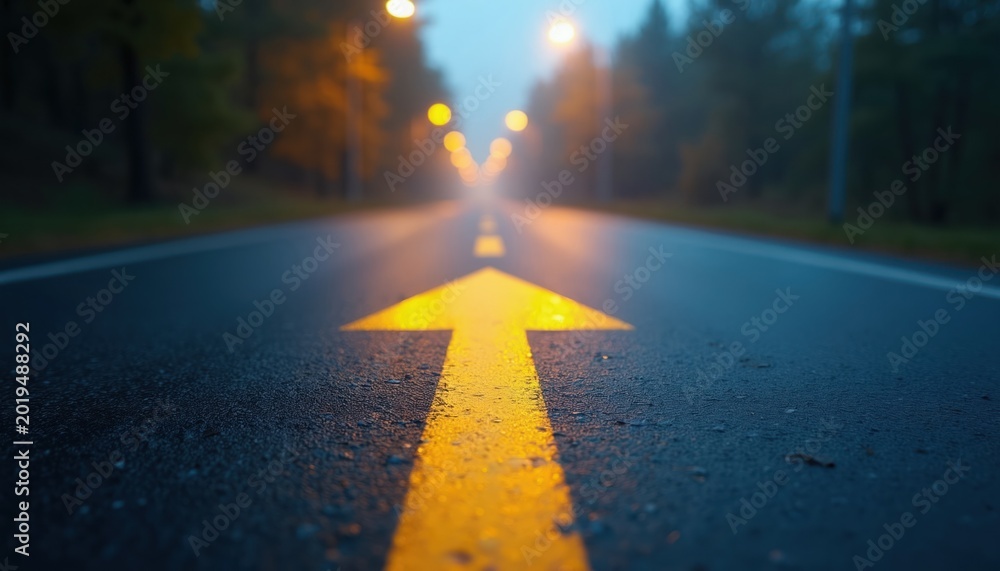 Obraz premium Yellow arrow painted on wet asphalt road points forward. Streetlights glow in misty night background. Journey onward through foggy forest path, guiding direction.