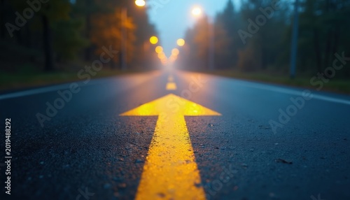 Yellow arrow painted on wet asphalt road points forward. Streetlights glow in misty night background. Journey onward through foggy forest path, guiding direction.