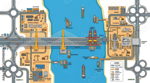 Aerial View of a Busy Harbor and Bridge Construction Site.