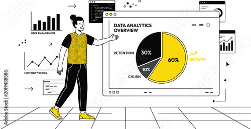 Fotografía Data Analytics Overview Icon Set with Growth, Retention, and Churn for Business,