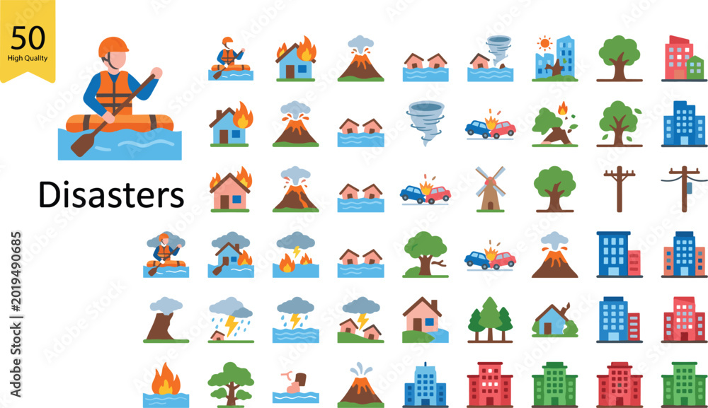 Fototapeta premium Disaster Icon Set with Natural Calamities, Fire, Flood, Earthquake, and Rescue for Emergency, Safety, and Relief Designs