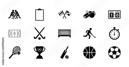 Photos Minimalist sports icon set with 15 black vector symbols, athletic equipment and