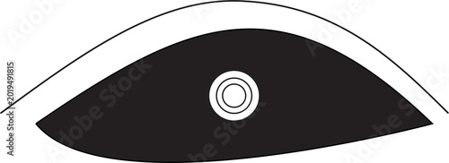 Photos An abstract black eye shape with concentric white circles at its center is outlined by a thin white curve