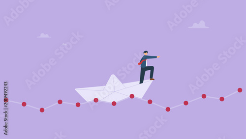 Tableau sur toile Investors standing in paper boat on fluctuated market chart