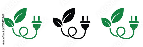 Photos Eco power plug icons with green leaves, eco-friendly electrical plug symbols combining nature and cable elements, representing sustainable energy and green technology concepts