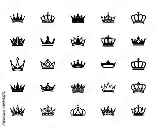 Foto Royal crown icons set, 25 black heraldic king and queen coronet silhouettes, ele