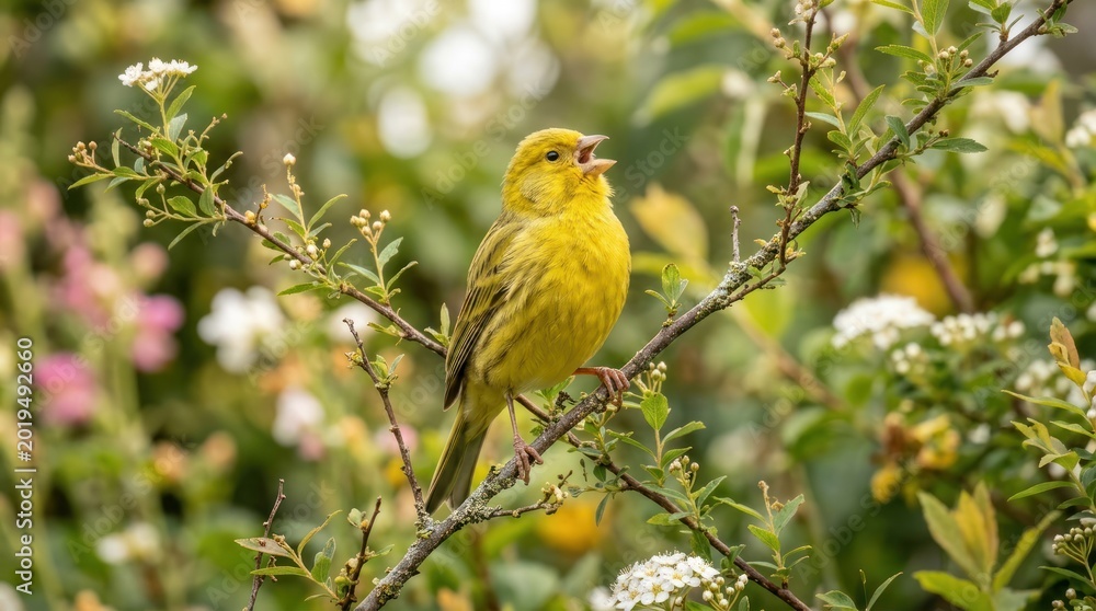 Obraz premium A yellow bird perched on a branch amidst green foliage and white flowers.