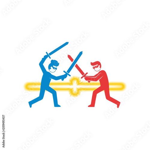 Tableau sur toile Two stylized figures engaged in a sword fight on a white background, representin