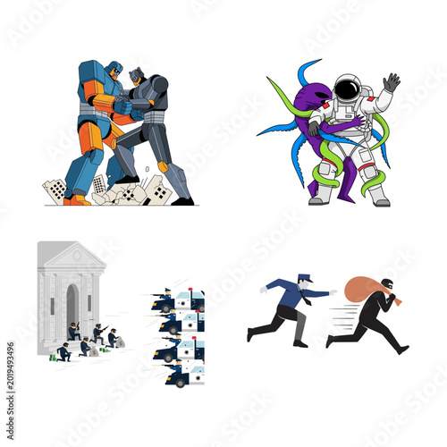 Canvas Print Illustrations of robots fighting, astronaut embracing alien, police chasing robb
