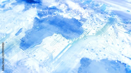Abstract world map graphic displaying glowing blue digital electronic circuit board lines flowing through continents in constant motion on white background.