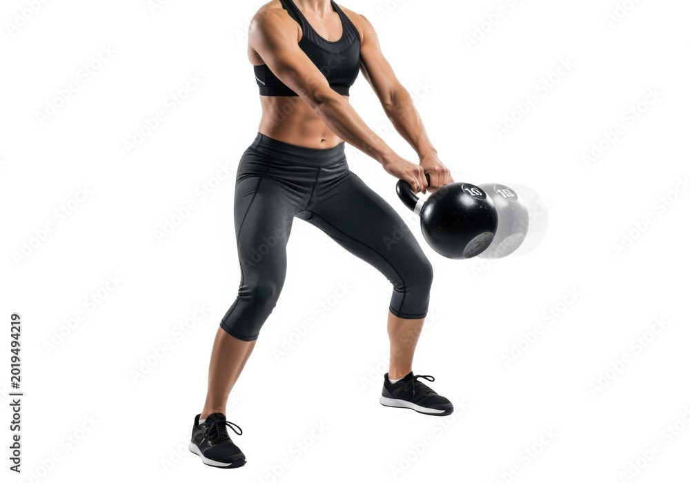 Fototapeta premium A fit woman performs a dynamic kettlebell swing exercise, showcasing muscular definition and athletic conditioning in a full-body workout for strength and power development