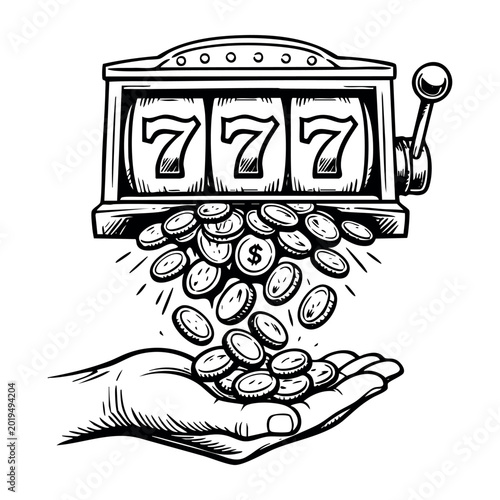 Hand receiving money coins pouring from a slot machine displaying 777, symbolizing gambling profit, wealth and luck