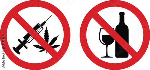 No drugs and no alcohol ban sign vector illustration with red prohibition circle over syringe cannabis leaf and wine bottle