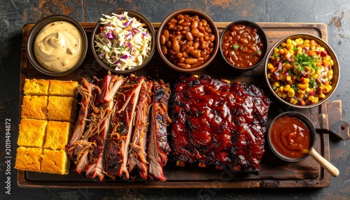 Smoky Barbecue Meat Platter Served with Colorful Side Dishes on Wooden Board