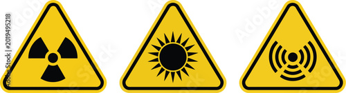 Photos Radiation warning sign boards vector illustration set with triangular yellow cau
