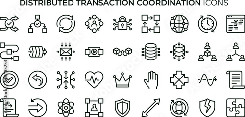 Distributed transaction coordination icon set for workflow automation and cloud infrastructure systems