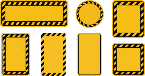 Φωτογραφία Yellow warning sign boards vector illustration set with blank caution hazard fra