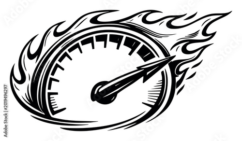 Speedometer measuring fast velocity with burning flames, symbolizing speed, power, racing, and hot rod culture