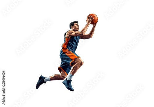 Dynamic athletic male athlete soaring through the air with a basketball, poised for an impressive slam dunk during an intense competitive sporting event, showcasing athleticism and skill