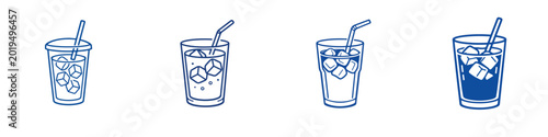 Vector line art of a straw and a glass of iced coffee with ice cubes. Vector, illustration, minimalist, icon, icon set, line art