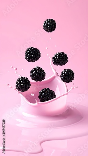 A pink liquid splashes with blackberries on a pink background (1)