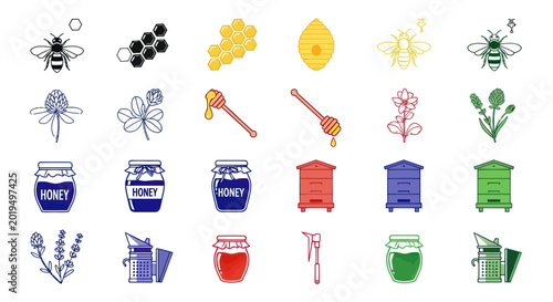 Foto Bee Honeycomb Icon Set: Beekeeper, Hive, Honey Jar, Flower, Honey Dipper