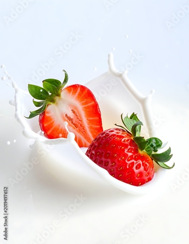A strawberry and a halved strawberry with milk splashing