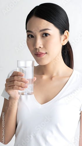 A woman holds a glass of water