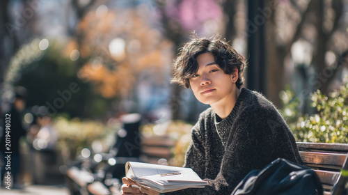 大学キャンパスのベンチで講義の合間の休み時間を利用して勉強に励む大学生の学習風景 #2019498032