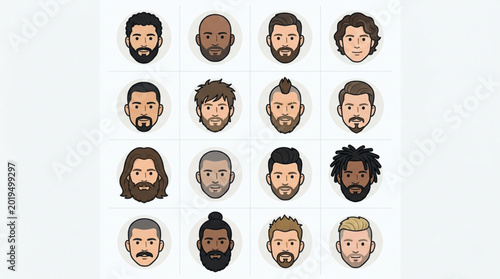 Diverse Collection of Stylized Male Faces with Beards and Various Hairstyles.