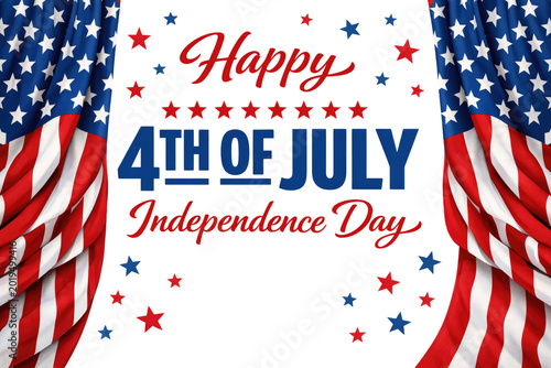 Happy 4th of July Independence Day, patriotic American flag drapes, festive red white blue stars, USA celebration graphic isolated PNG with Transparent Background