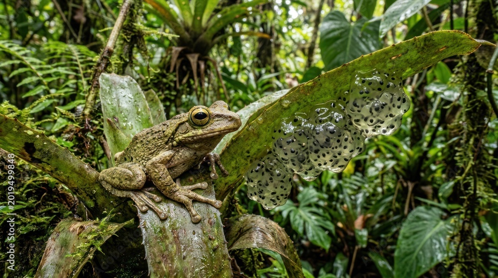 Fototapeta premium A green frog perched on a leaf in a lush, green jungle with a backdrop of dense foliage and a small stream.