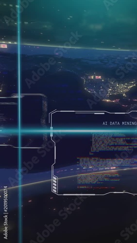 Vertical video: HUD panels sliding while teal scans sweeping causing AI DATA MINING over S America