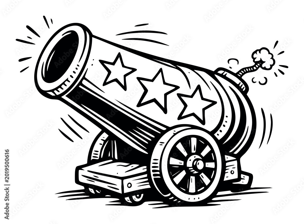 Naklejka premium Cartoon cannon shooting stars with a lit fuse, embodying ideas of power, aggression, force, and dynamic energy