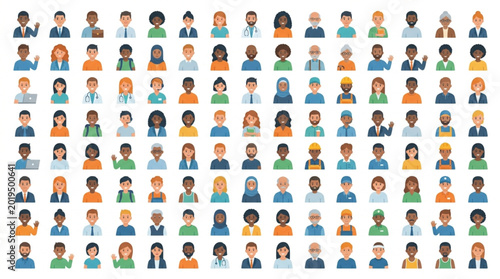 Diverse Group of People Avatars Representing Various Professions and Backgrounds.