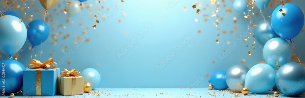 Fototapeta premium Blue and gold balloons float near gift boxes with ribbons. Confetti falls on the festive scene. Clear sky backdrop offers ample copy space for text.