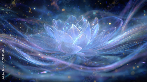 Cosmic lotus flower in space, abstract background with glowing light, spiritual meditation energy. Futuristic digital art illustration