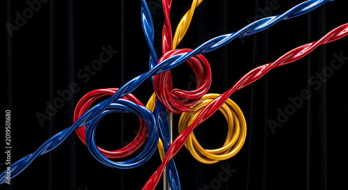 an abstract composition of glossy, hand-pulled candy (amezaiku) ribbons in deep sapphire blue, crimson, gold, elegantly twisted and frozen in motion, in a boutique window 