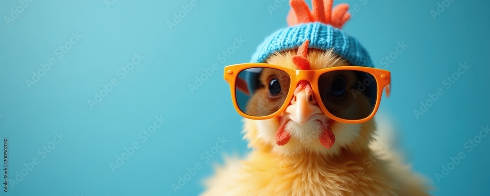Fototapeta premium Small fluffy yellow chick wears orange sunglasses and blue knit cap. Bird looks cool against solid color background. Ideal for summer themes kids humor or pet content. Plenty of copy space for text.