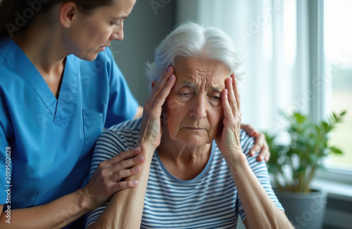 Nurse gently comforts elderly woman with head pain. Senior female patient sits on sofa holding temples. Caregiver offers support indoors  showing empathy and concern.
