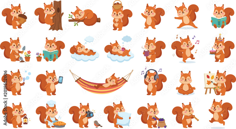 Obraz premium Cute Squirrel Cartoon Activity Set – Kawaii Forest Animal Clipart Vector
