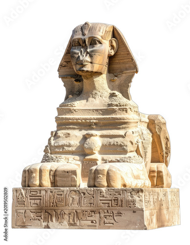 A detailed view of the Great Sphinx of Giza, showcasing its weathered stone facade and intricate hieroglyphic inscriptions against a stark black background.