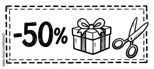 Coupon offering 50 percent discount, gift packaging, and scissors, representing sale promotion, special offers, and shopping savings